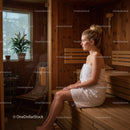 Relaxing Woman Sitting in Sauna with Wooden Interior