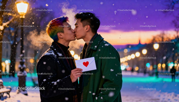 Winter Evening Kiss Between Two Men Holding Love Letter