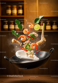 Fresh Ingredients Tossed in Wok with Steam Rising
