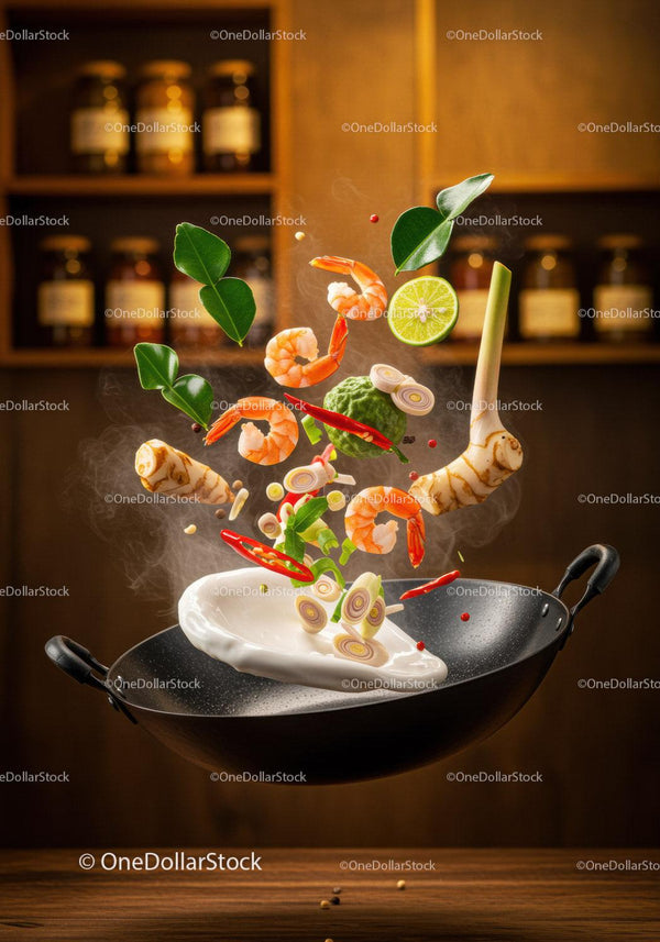 Fresh Ingredients Tossed in Wok with Steam Rising
