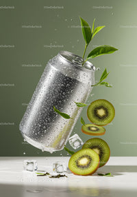 Refreshing Kiwi Drink Can with Splash and Green Leaves