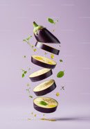 Floating sliced eggplant with herbs and olive oil drops
