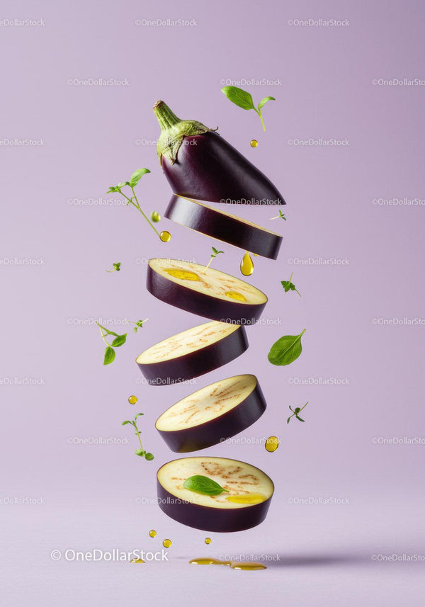 Floating sliced eggplant with herbs and olive oil drops