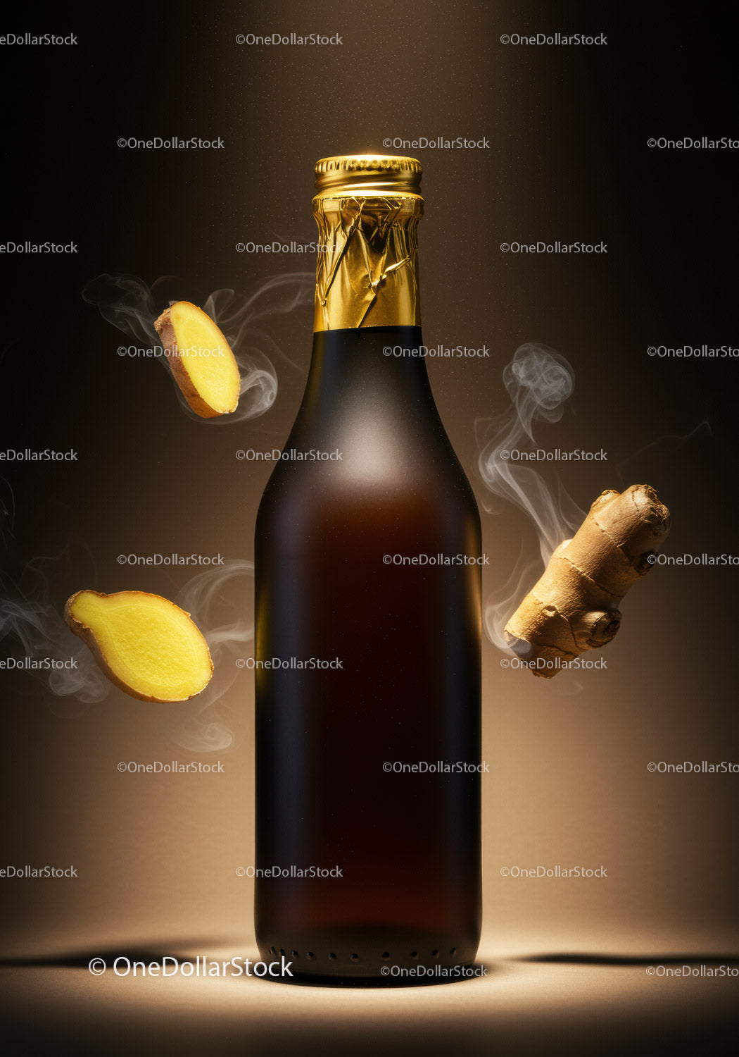 Dark Bottle with Floating Ginger Root and Slices