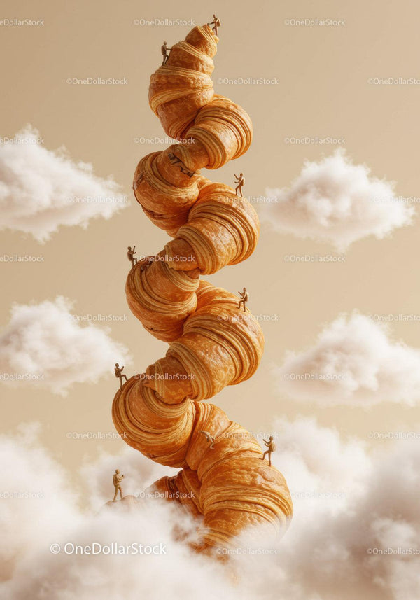 Tiny figures climbing a towering croissant spiral