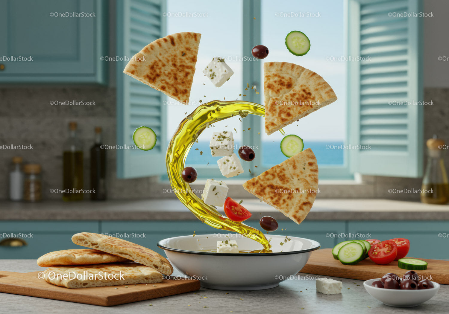 Mediterranean ingredients swirling over white bowl
