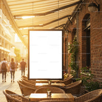 Empty outdoor cafe with blank hanging sign at sunset