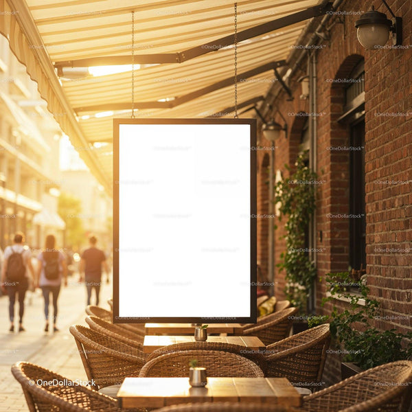 Empty outdoor cafe with blank hanging sign at sunset JPG Mockup Image