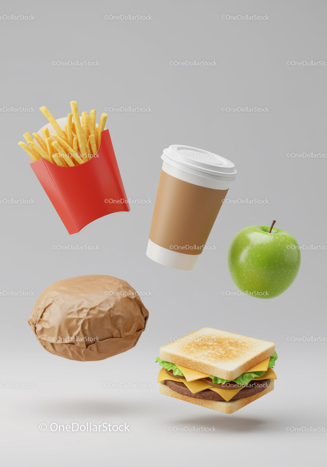 Fast food meal with burger fries coffee and green apple