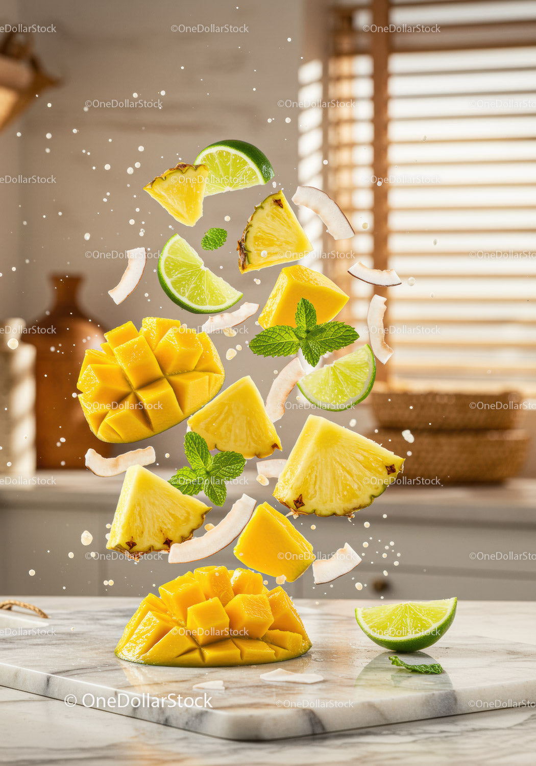 Fresh tropical fruit slices floating over marble surface
