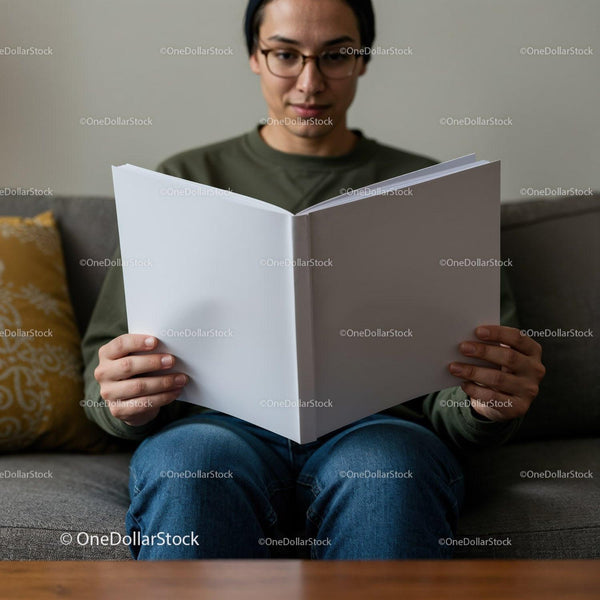 Young man reading large blank book on cozy sofa JPG Mockup Image