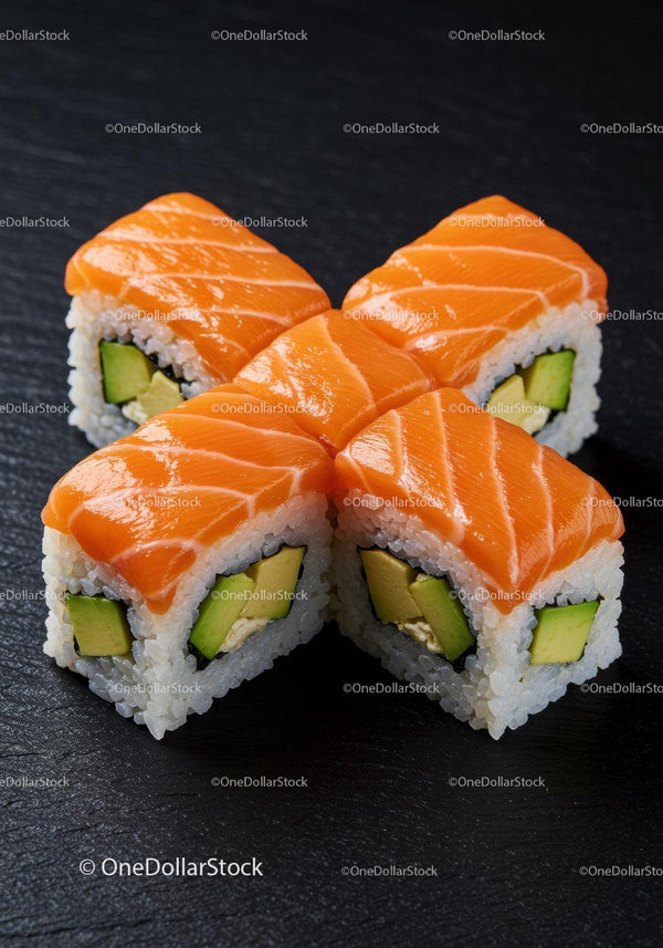 Fresh salmon sushi rolls with avocado on black slate