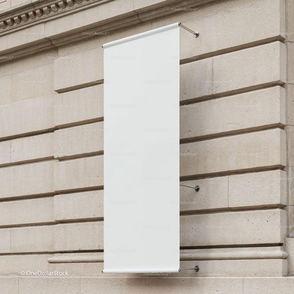 Blank Vertical Banner on Classic Stone Wall Exterior JPG Mockup Image