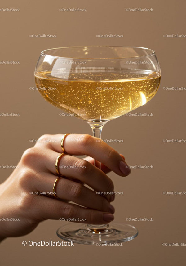 Hand holding elegant champagne glass with sparkling wine