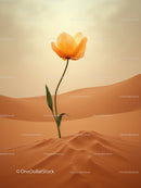 Delicate orange flower blooming in vast sandy desert