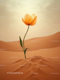 Delicate orange flower blooming in vast sandy desert