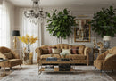 Elegant living room with plush brown furniture and greenery