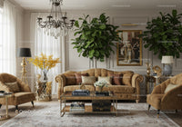 Elegant living room with plush brown furniture and greenery
