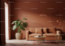 Modern Living Room with Beige Sofa and Large Monstera Plant