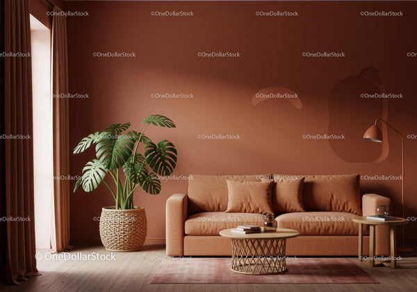 Modern Living Room with Beige Sofa and Large Monstera Plant