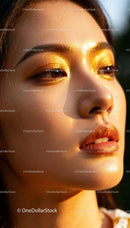 Close up of woman with golden makeup in sunlight