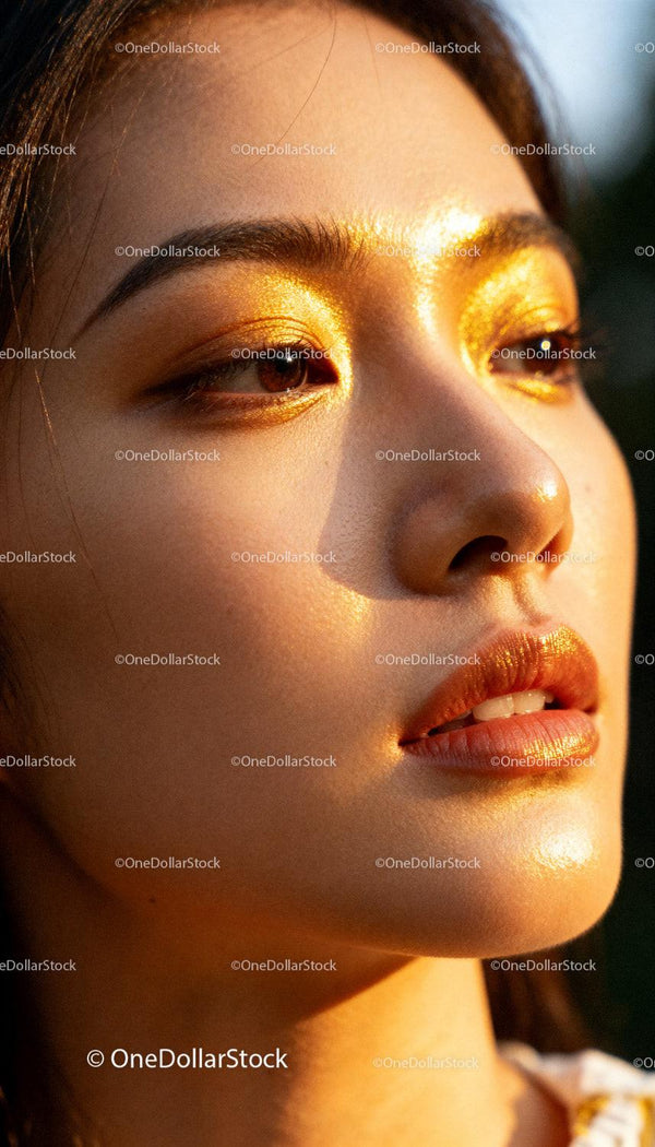 Close up of woman with golden makeup in sunlight