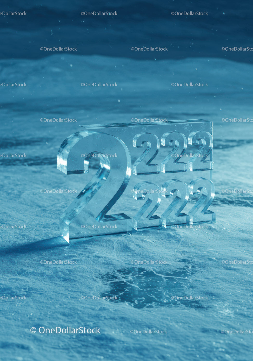 Transparent ice sculpture of number 2 on frozen surface