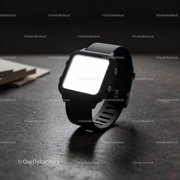 Minimalist black smartwatch with blank glowing screen JPG Mockup Image