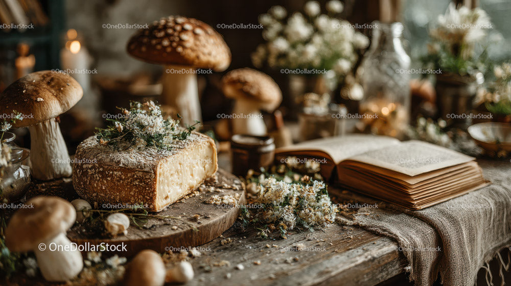 Rustic Cheese and Mushroom Spread with Wildflowers on Wooden Table