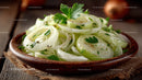 Fresh Onion Slices with Herbs in Wooden Bowl
