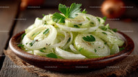 Fresh Onion Slices with Herbs in Wooden Bowl