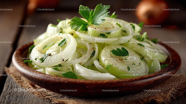 Fresh Onion Slices with Herbs in Wooden Bowl