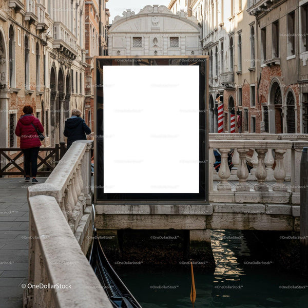 Empty billboard on canal bridge in historic Venice street JPG Mockup Image