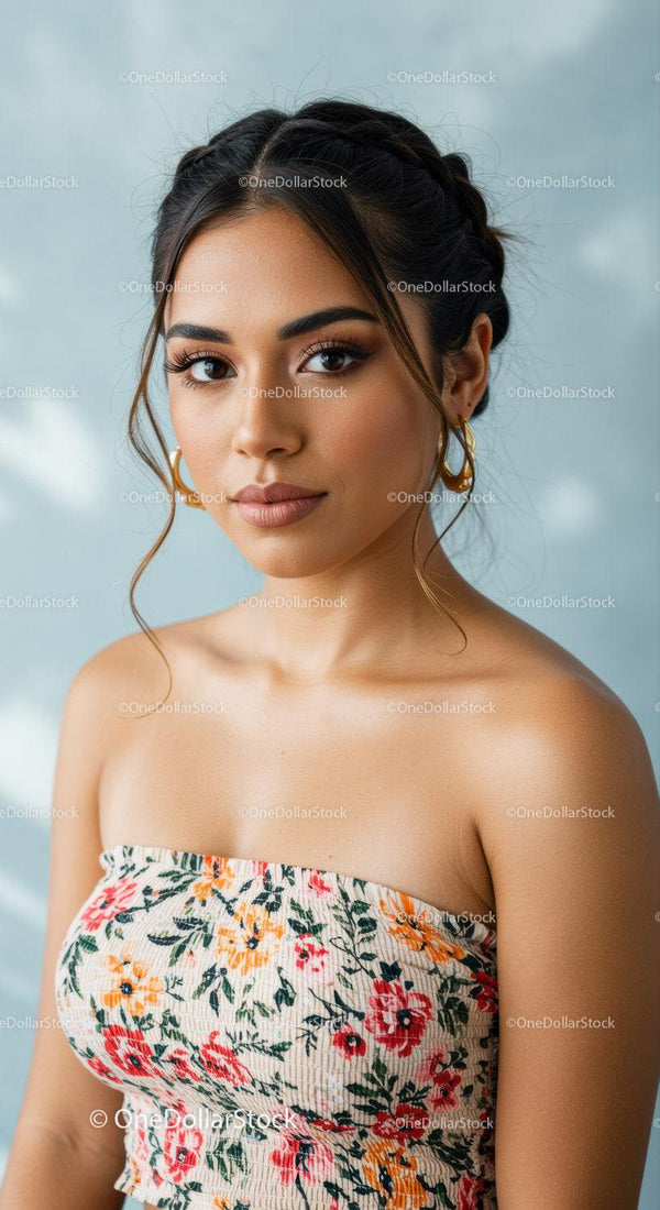 Portrait of a Stylish Woman Wearing Floral Top and Hoop Earrings