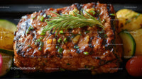 Gourmet Grilled Steak with Herbs and Vegetables on Black Plate