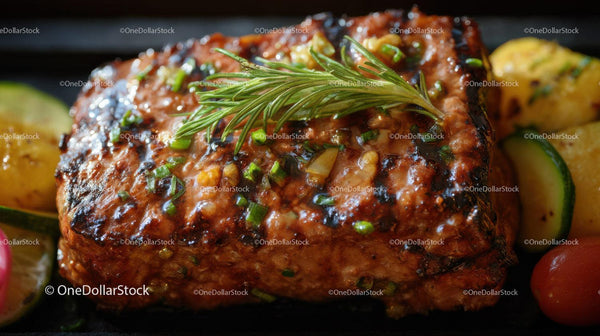 Gourmet Grilled Steak with Herbs and Vegetables on Black Plate