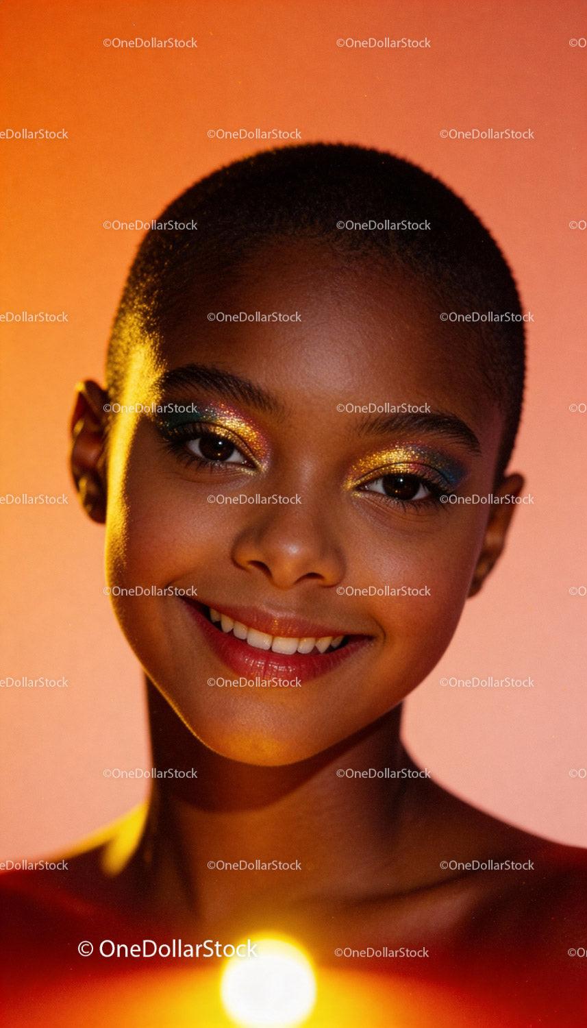 Smiling young woman with vibrant glitter eye makeup