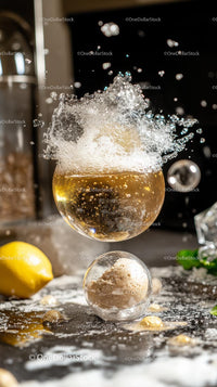 Fizzy Golden Champagne Splash with Bubbles and Foam