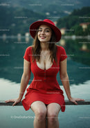 Elegant Woman in Red Dress Smiling by Lake Outdoors