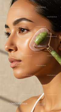 Young Woman Using Jade Roller for Facial Skincare with Glowing Skin