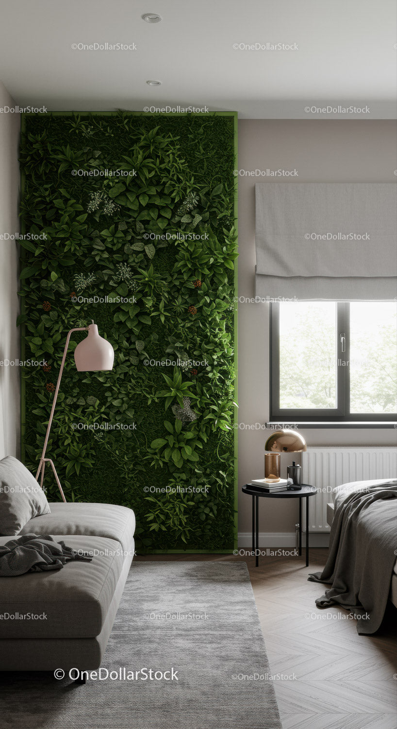Modern Bedroom with Green Living Wall and Cozy Decor