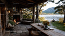 Rustic lakeside porch with fireplace overlooking mountain scenery