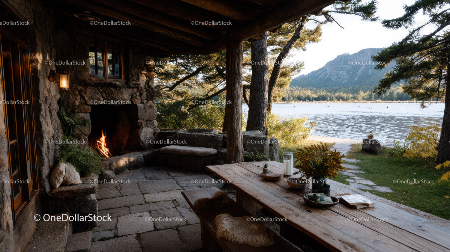 Rustic lakeside porch with fireplace overlooking mountain scenery