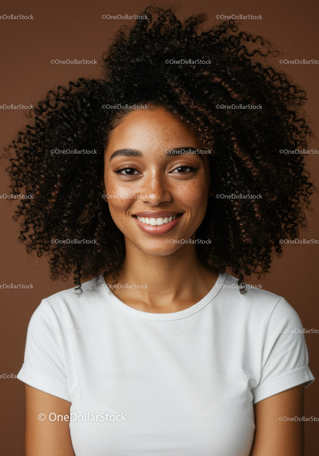 Happy Woman with Curly Hair Portrait in Modern Studio