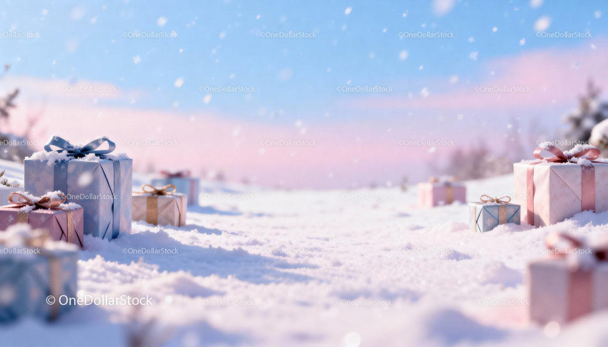 Pastel Gift Boxes Scattered in Soft Snowfall