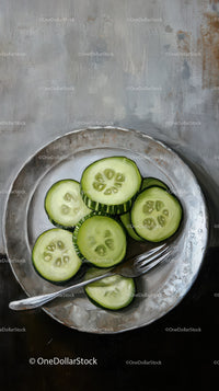 Fresh Sliced Cucumber on Silver Plate with Rustic Background