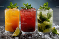 Colorful Fruit Cocktails with Mint Garnish in Icy Glasses