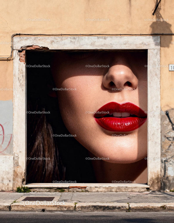 Close up of woman's lips with vibrant red lipstick