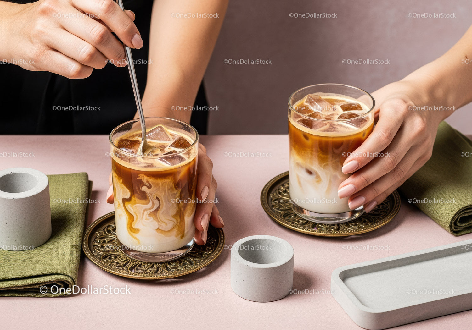 Ice Dalgona Coffee with Milk in Clear Glasses on Pink Table