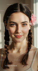 Portrait of a Young Woman with Braided Hair and Pink Flower Accessory